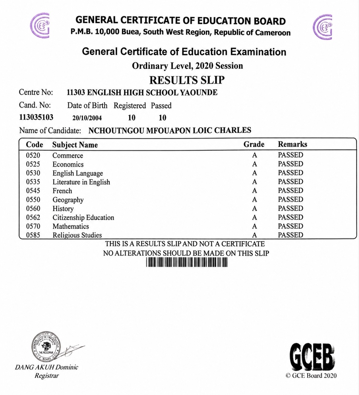 GCE Ordinary Level Results Slip